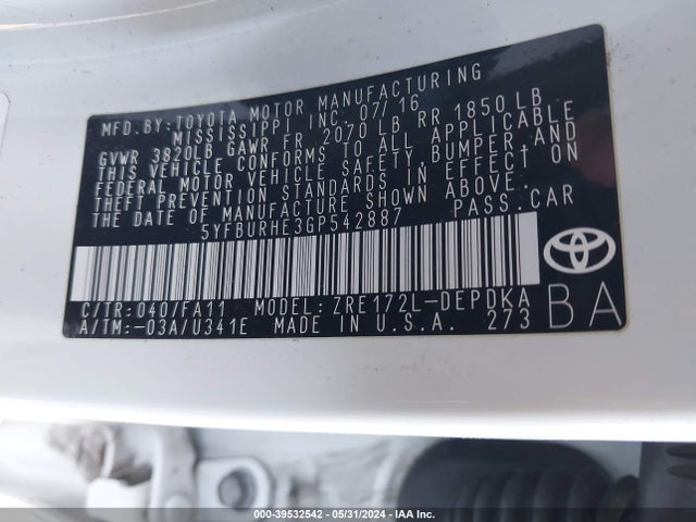 5YFBURHE3GP542887 Toyota COROLLA L