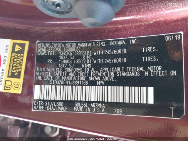 5TDJZRFH1JS891166 Toyota Highlander Xle