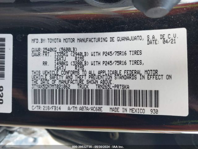 3TYAX5GN7MT021062 Toyota Tacoma Sr
