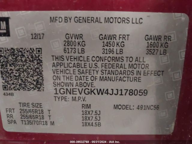 1GNEVGKW4JJ178059 Chevrolet Traverse 1lt