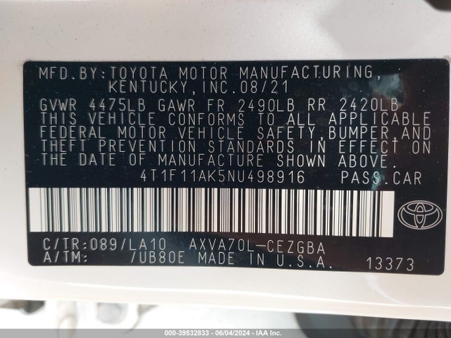 Toyota CAMRY XLE 2022 4T1F11AK5NU498916 Image 9