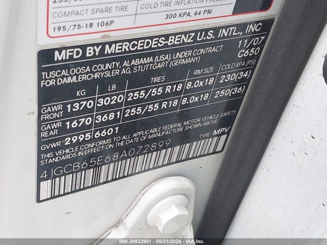 39532901 :رقم المزاد ، 4JGCB65E68A072899 vin ، 2008 Mercedes-benz R 350 4matic مزاد بيع