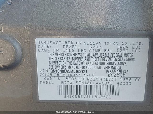 3N1CN8EV5ML862921 Nissan Versa Sv Xtronic Cvt