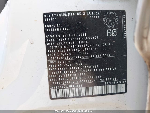 3VV2B7AX3JM089683 Volkswagen Tiguan 2.0t Se/2.0t Sel