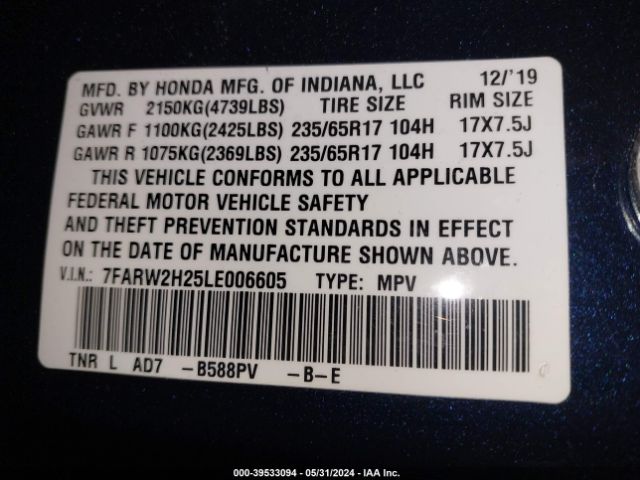 7FARW2H25LE006605 Honda Cr-v Awd Lx