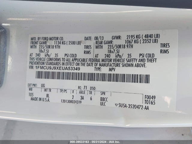 Ford Escape Titanium 2014 1FMCU9J9XEUA53349 Image 9