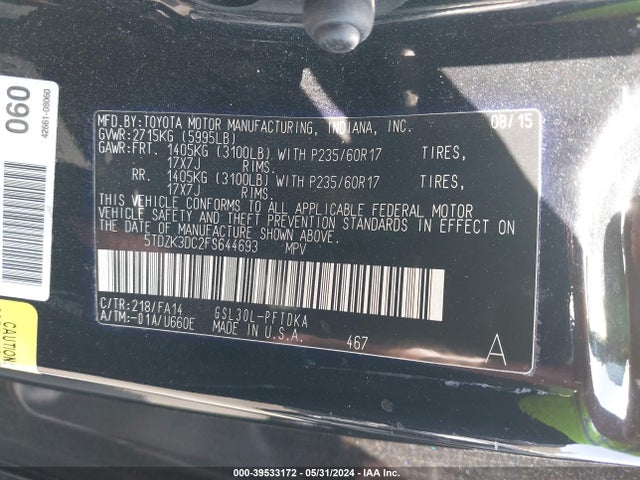 Toyota Sienna L 7 Passenger 2015 5TDZK3DC2FS644693 Image 9