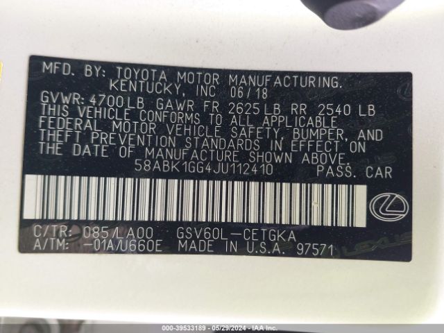 58ABK1GG4JU112410 Lexus ES 350