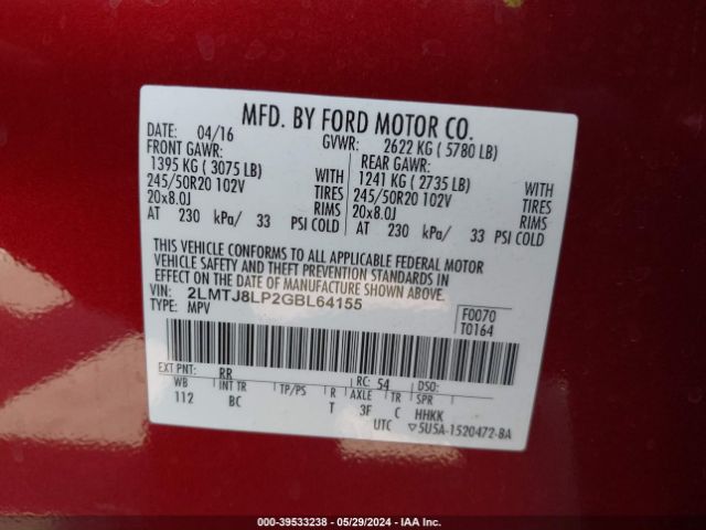 2LMTJ8LP2GBL64155 Lincoln Mkx Reserve