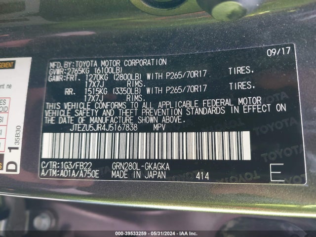 Toyota 4RUNNER SR5 2018 JTEZU5JR4J5167838 Image 9
