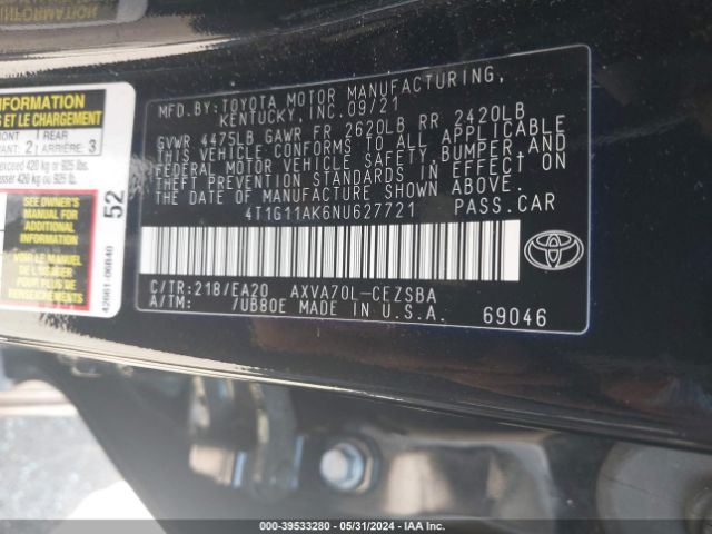 4T1G11AK6NU627721 Toyota CAMRY SE