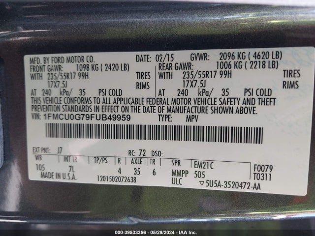 Ford ESCAPE SE 2015 1FMCU0G79FUB49959 Image 9