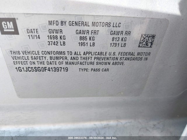 Chevrolet Sonic Lt Auto 2015 1G1JC5SG0F4139719 Image 9