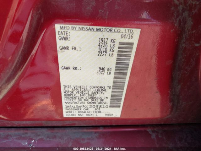 1N4AL3AP7GC205810 Nissan Altima 2.5/2.5 S/2.5 Sl/2.5 Sr/2.5 Sv