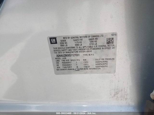Chevrolet EQUINOX LT 2016 2GNALCEKXG1127691 Image 9