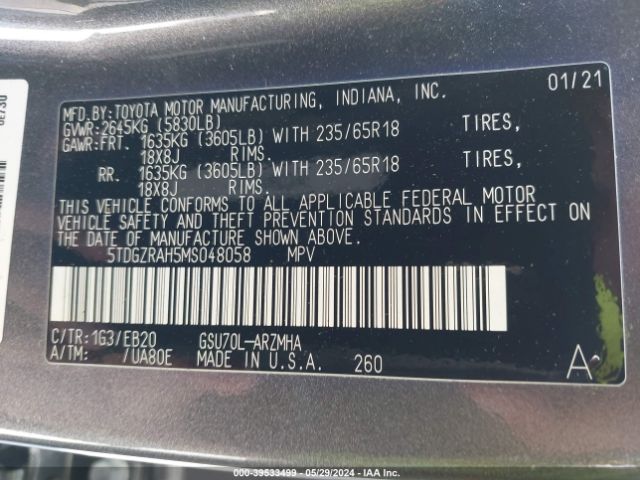 5TDGZRAH5MS048058 Toyota Highlander Xle