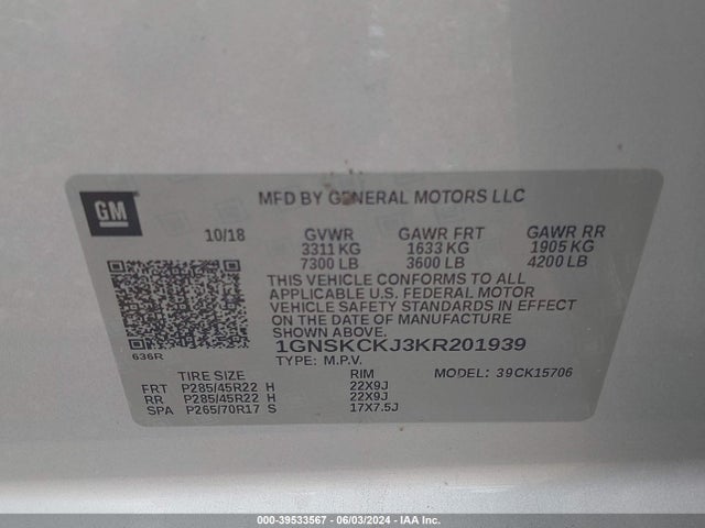 Chevrolet Tahoe Premier 2019 1GNSKCKJ3KR201939 Image 9