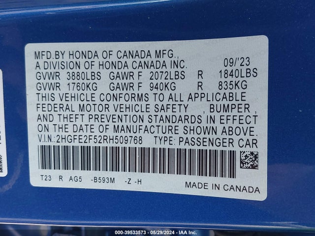 Honda Civic Sport 2024 2HGFE2F52RH509768 Image 9