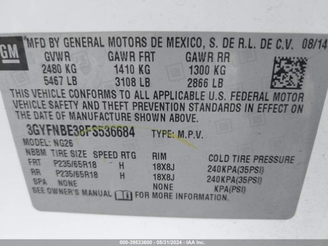 3GYFNBE38FS536684 Cadillac Srx Luxury Collection