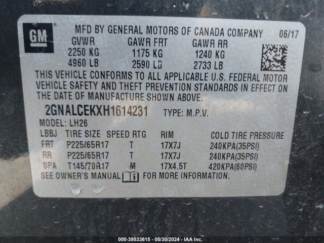 Chevrolet EQUINOX LT 2017 2GNALCEKXH1614231 Image 9
