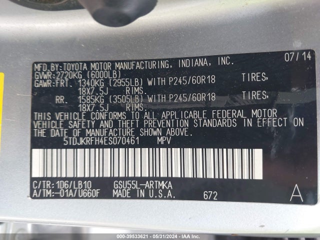 Toyota Highlander Xle V6 2014 5TDJKRFH4ES070461 Image 9