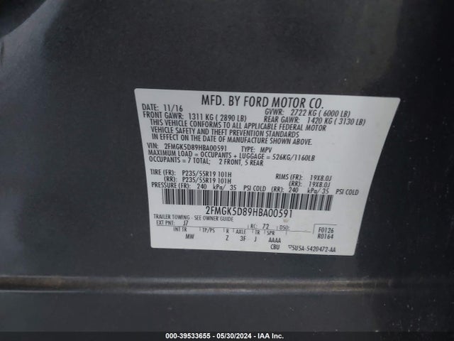 Ford Flex Limited 2017 2FMGK5D89HBA00591 Image 9