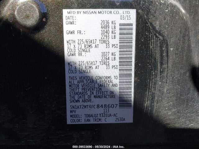 Nissan ROGUE SV 2015 5N1AT2MT4FC848607 Image 9