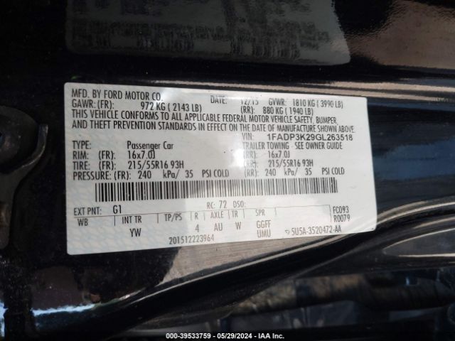 1FADP3K29GL263518 Ford FOCUS SE