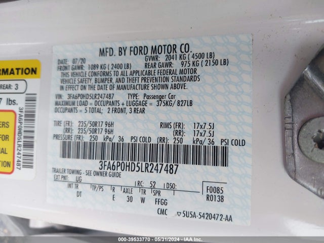 Ford FUSION SE 2020 3FA6P0HD5LR247487 Image 9