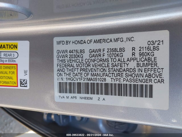 Honda Accord Sport 2021 1HGCV1F31MA051028 Image 9