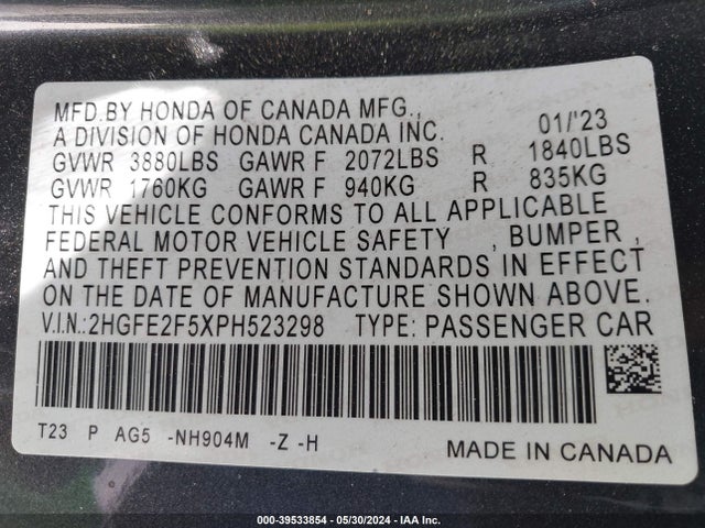 Honda Civic Sport 2023 2HGFE2F5XPH523298 Image 9