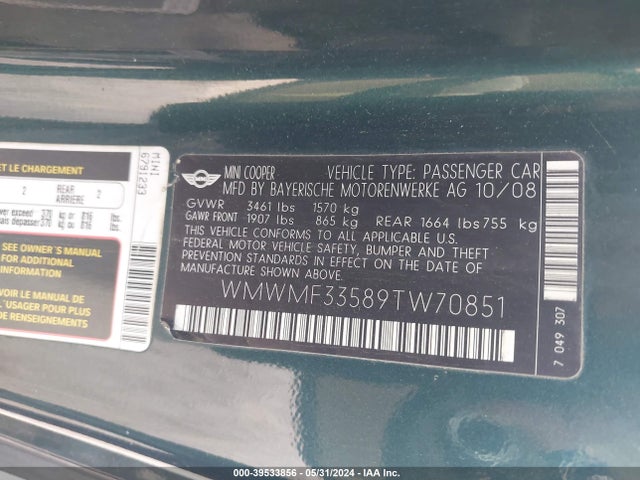 2009 MINI COOPER WMWMF33589TW70851 Photo 8
