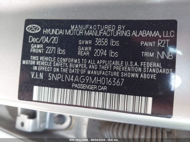 5NPLN4AG9MH016367 Hyundai ELANTRA SEL