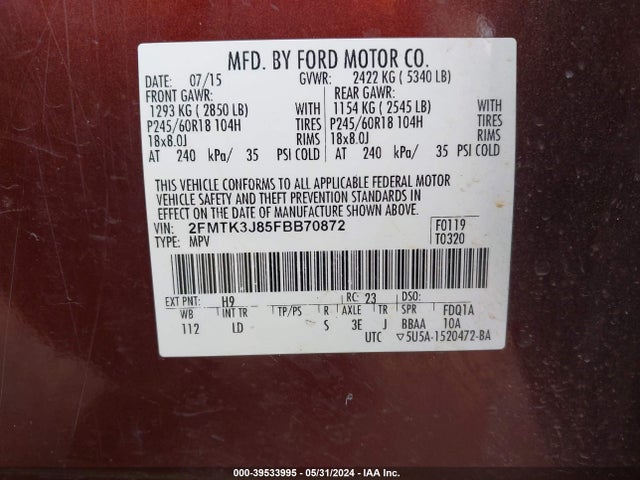 Ford EDGE SEL 2015 2FMTK3J85FBB70872 Image 9