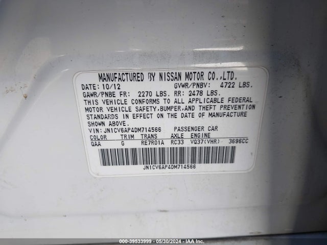 Aukcja sprzedaży 2013 Infiniti G37 Journey, vin: JN1CV6AP4DM714566, numer aukcji: 39533999