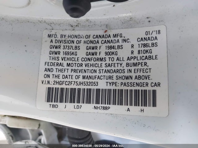 Honda CIVIC EX 2018 2HGFC2F75JH532053 Image 9