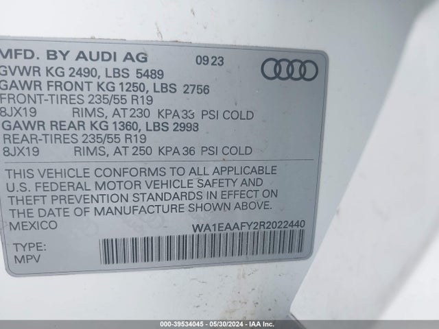 WA1EAAFY2R2022440 Audi Q5 Premium Plus 45 Tfsi S Line Quattro