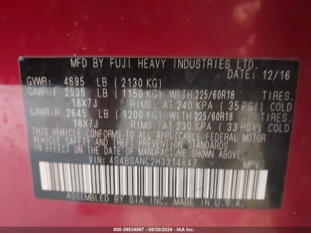 Subaru Outback 2.5i Limited 2017 4S4BSANC2H3314847 Image 9