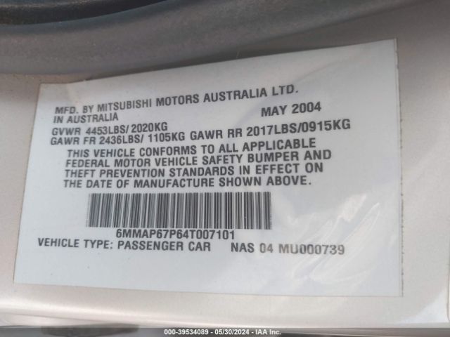 2004 MITSUBISHI DIAMANTE 6MMAP67P64T007101 Photo 8