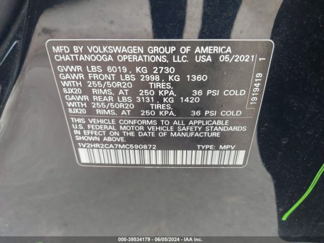 1V2HR2CA7MC590872 Volkswagen Atlas 3.6l V6 Se W/technology