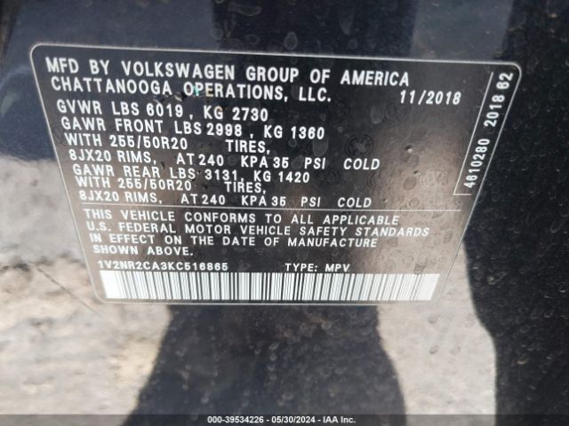 1V2NR2CA3KC516865 Volkswagen Atlas 3.6l V6 Sel Premium