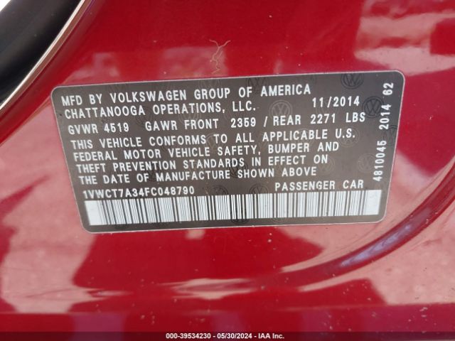1VWCT7A34FC048790 Volkswagen Passat 1.8t Sel Premium