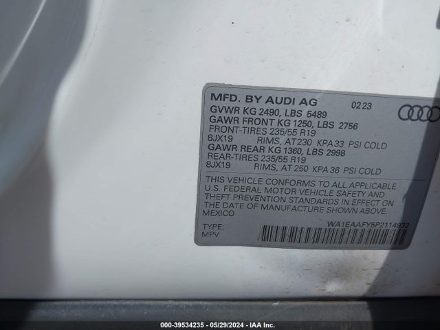 WA1EAAFY5P2114932 Audi Q5 Premium Plus 45 Tfsi S Line Quattro