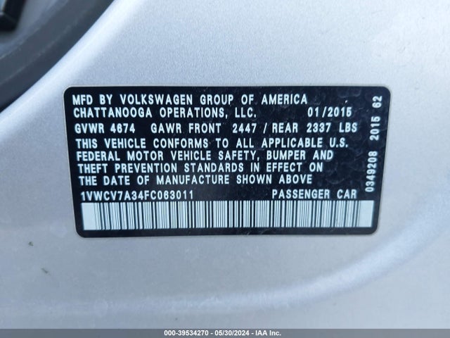 1VWCV7A34FC063011 Volkswagen Passat 2.0l Tdi Sel Premium