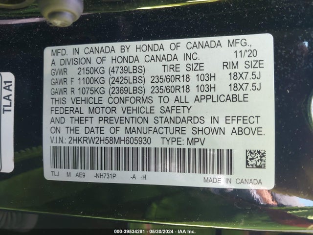 Honda Cr-v Awd Ex 2021 2HKRW2H58MH605930 Image 9
