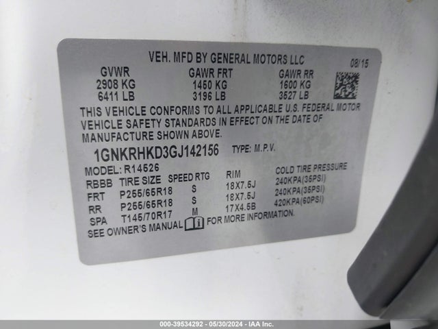 Chevrolet Traverse 2lt 2016 1GNKRHKD3GJ142156 Image 9