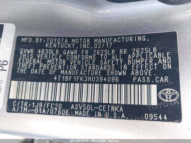 Toyota CAMRY LE 2017 4T1BF1FK3HU394096 Image 9