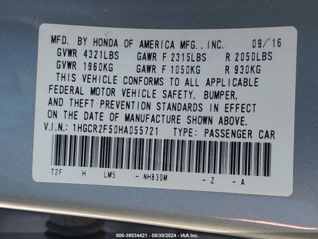 1HGCR2F50HA055721 Honda Accord Sport