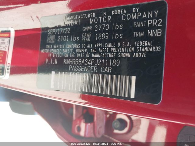 KMHRB8A34PU211189 Hyundai Venue Se