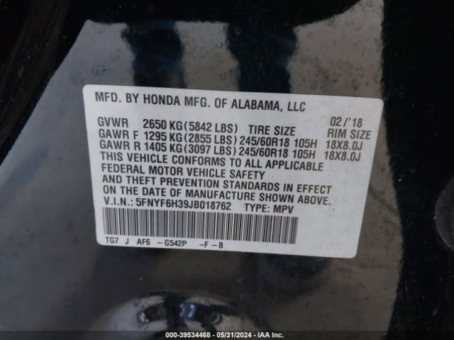 5FNYF6H39JB018762 Honda Pilot Ex